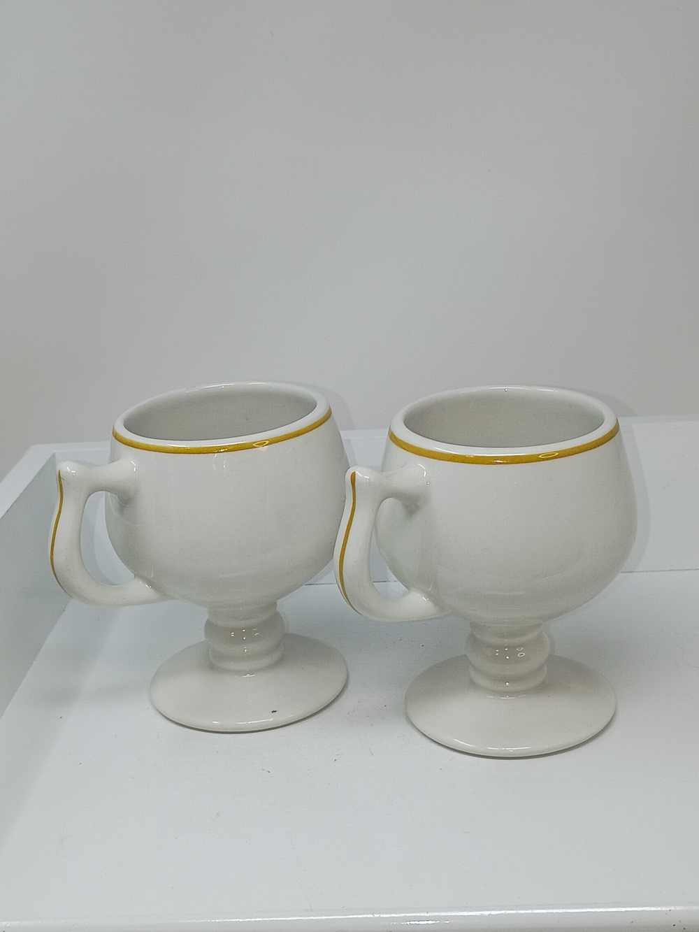 Sterling China, White Ceramic Pedestal Mugs with Gold Trim & Emblem - Set of 2 - Picture 7 of 12